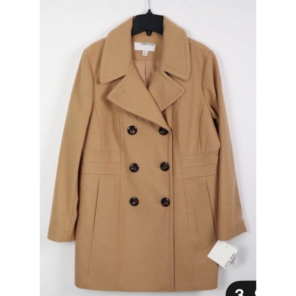 NWT Anne Klein Women’s Wool Blend Camel Tan Pea Coat Pockets Petite Small